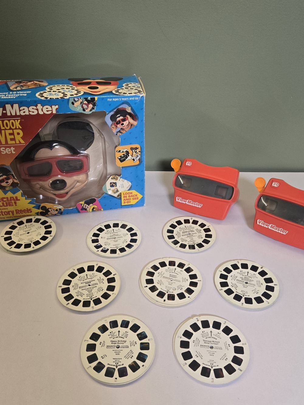 Vintage View-Master Lot: Mickey Mouse Box Set, 2 Extra Viewers, 13 Reels (TMNT)